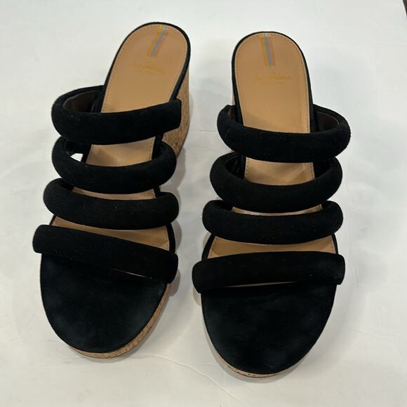 Sam Edelman Yuki Black Suede Cork Platform Wedge Sandals Puffy Straps Size 10 - Picture 2 of 8